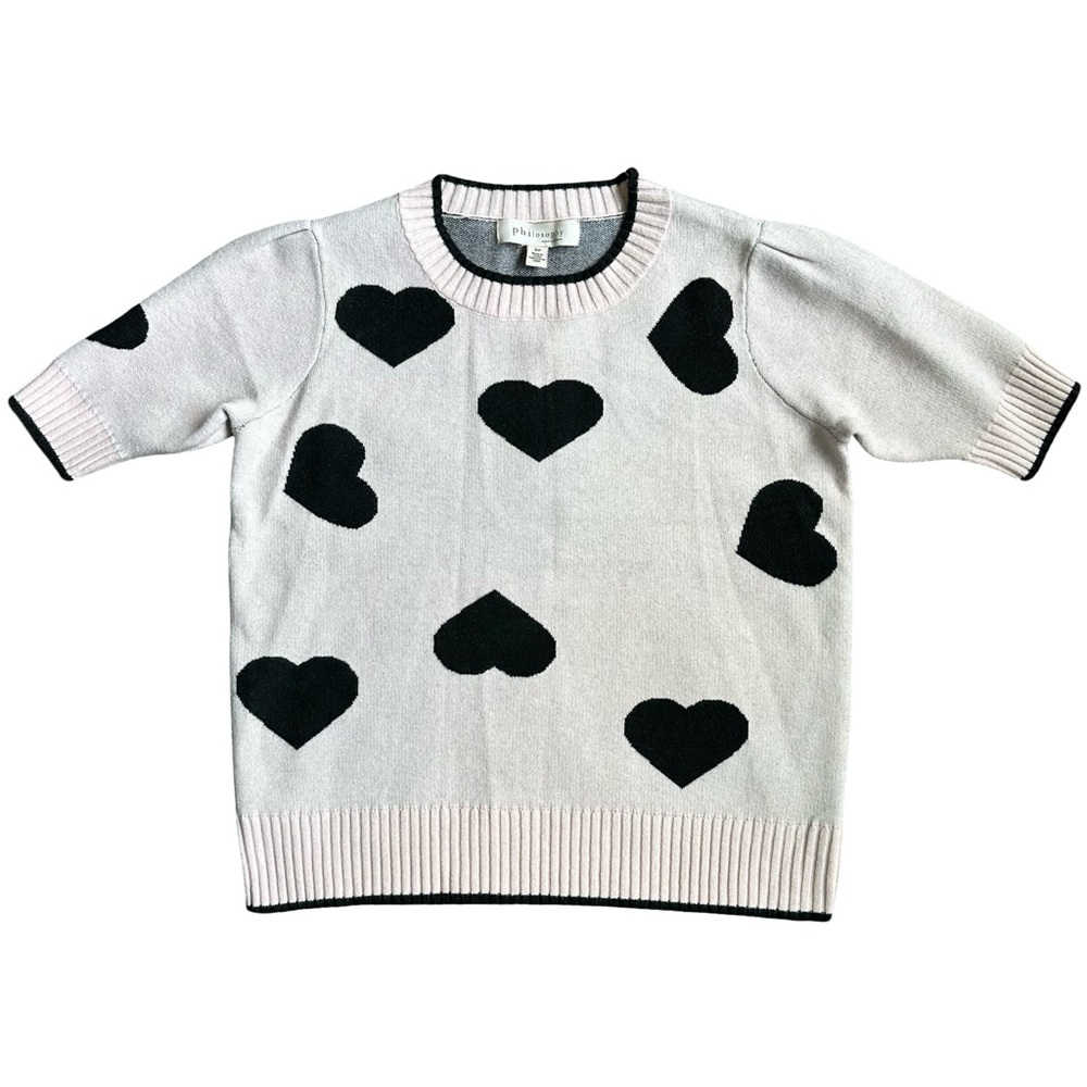 Philosophy Women’s Luxe Soft Pink Black Hearts Short Sleeve Sweater NWOT‎ Small